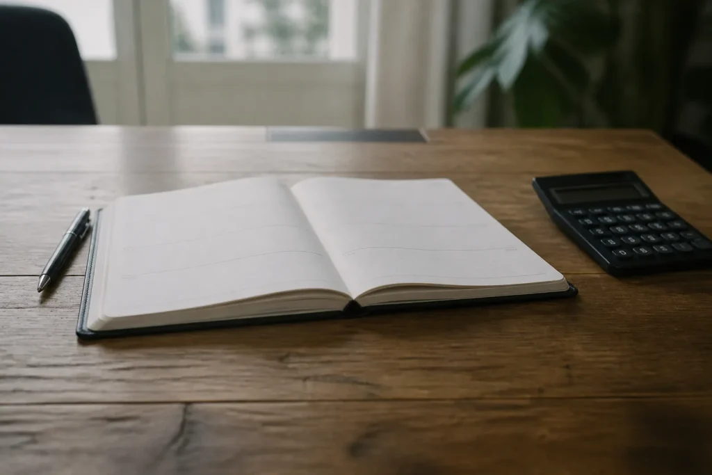 Bureau avec agenda ouvert, stylo et calculatrice sur bois