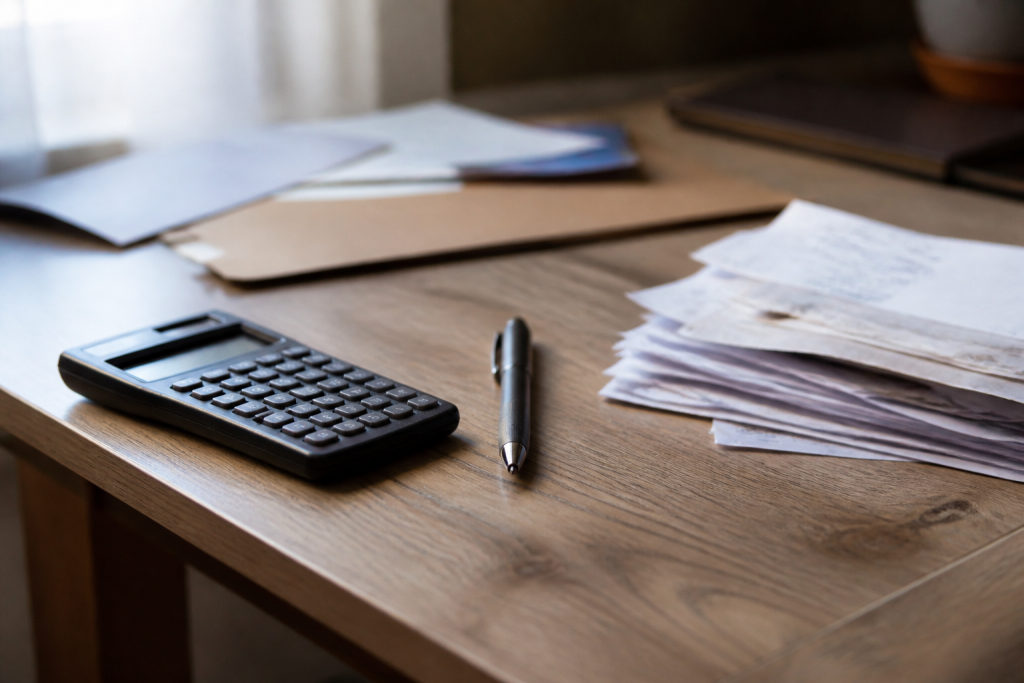 Bureau en bois avec calculatrice stylo et factures