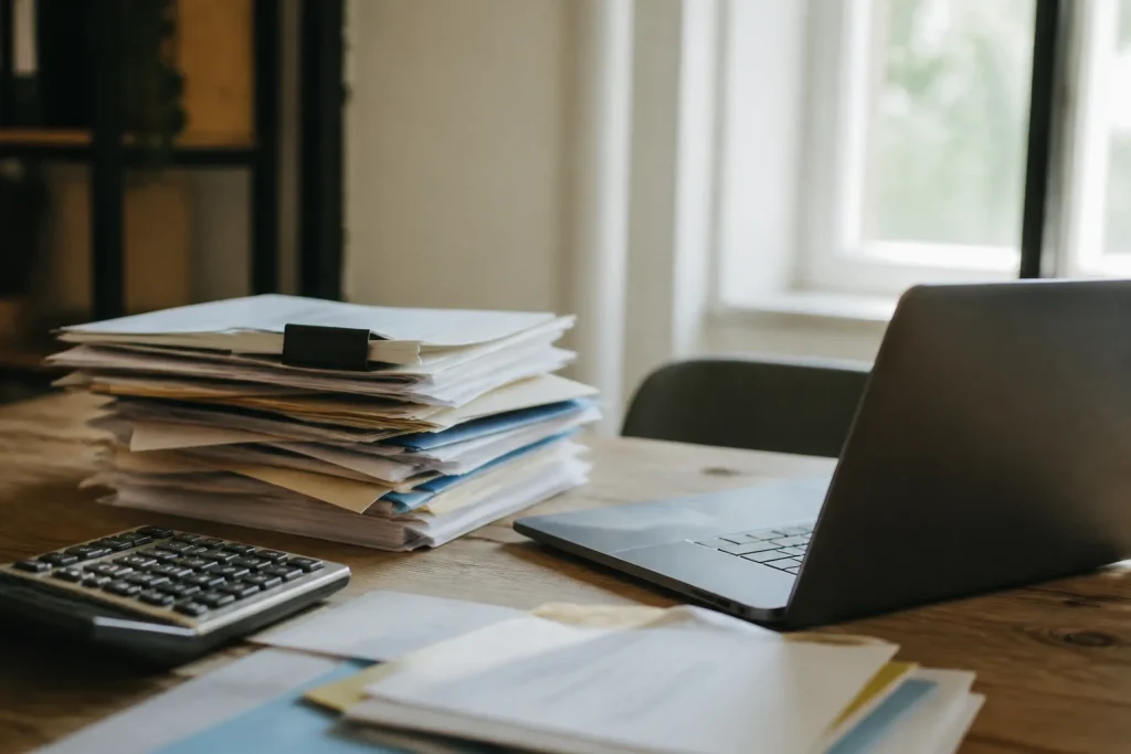 Bureau moderne avec ordinateur portable, dossiers empiles et calculatrice