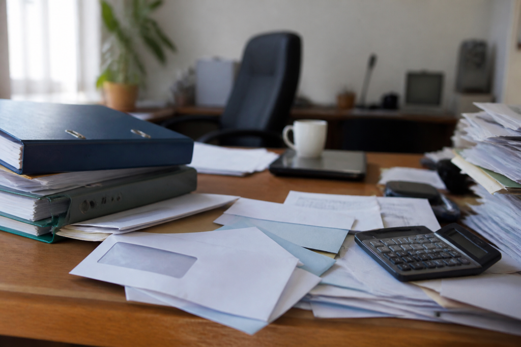 Bureau de petite entreprise avec calculatrice, classeurs et factures