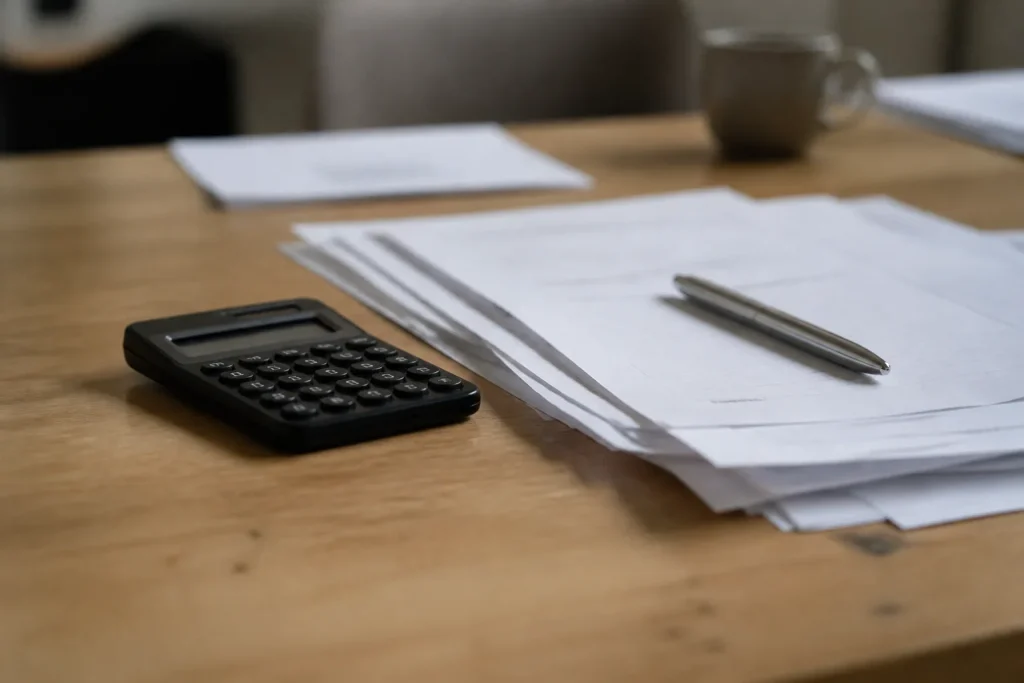 Calculatrice et factures posees sur un bureau avec stylo