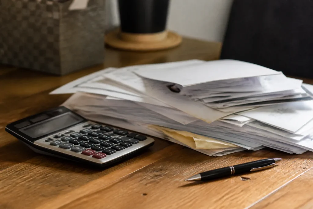 Calculatrice, factures et stylo sur un bureau en bois