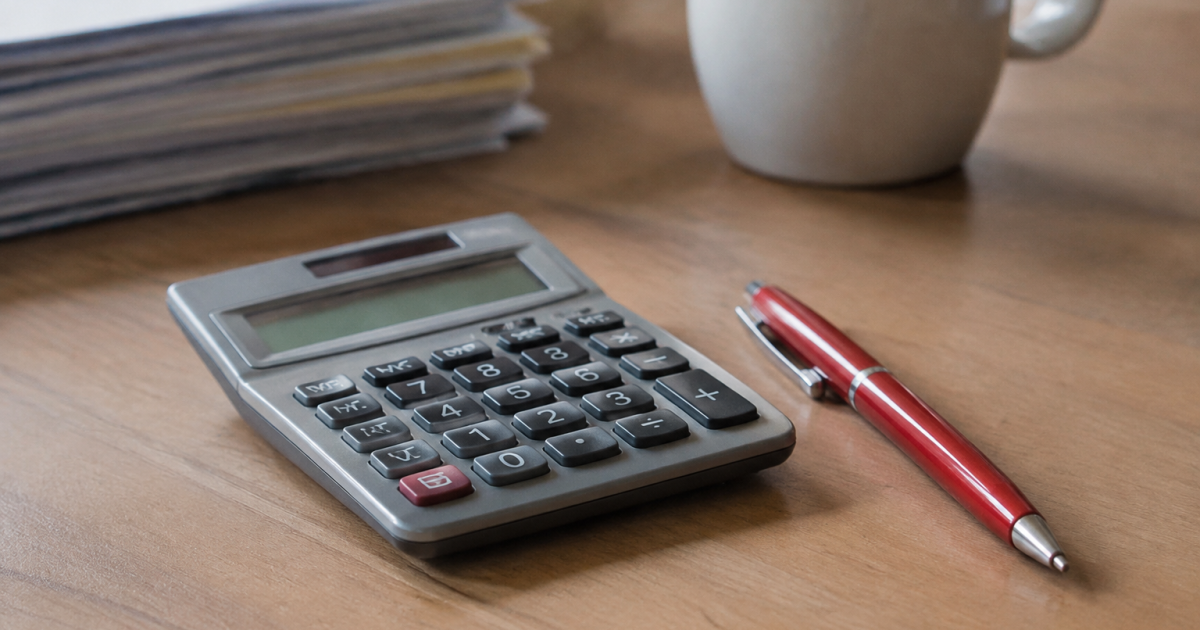 Calculatrice grise posee sur un bureau, stylo rouge