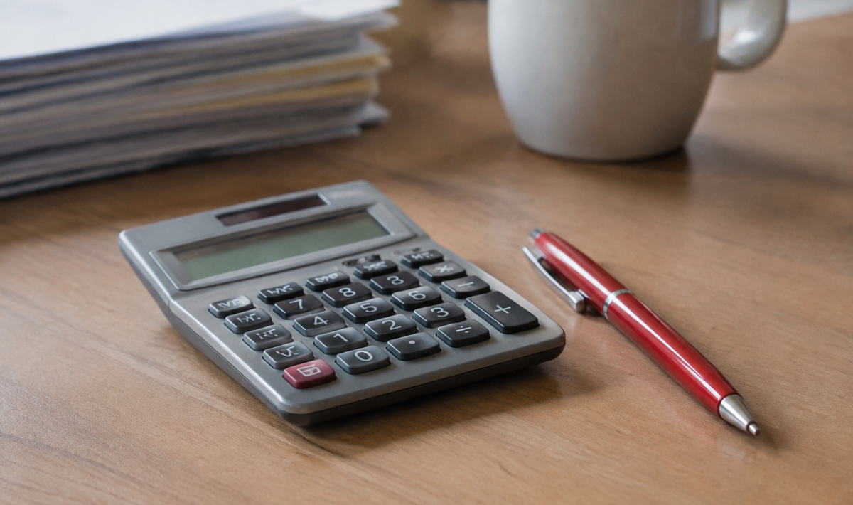 Calculatrice grise posee sur un bureau, stylo rouge