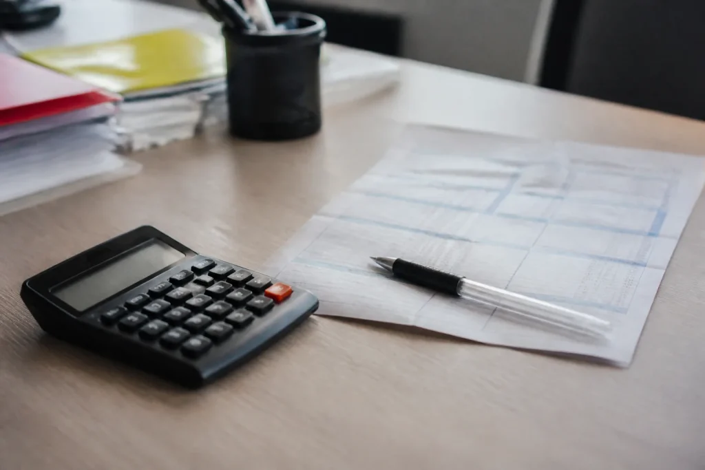 Calculatrice, stylo et bulletin de paie sur un bureau