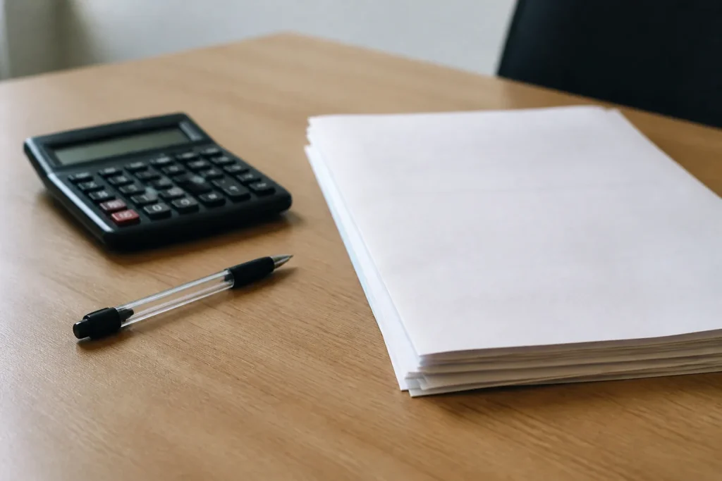 Calculatrice, stylo et contrat de travail sur un bureau