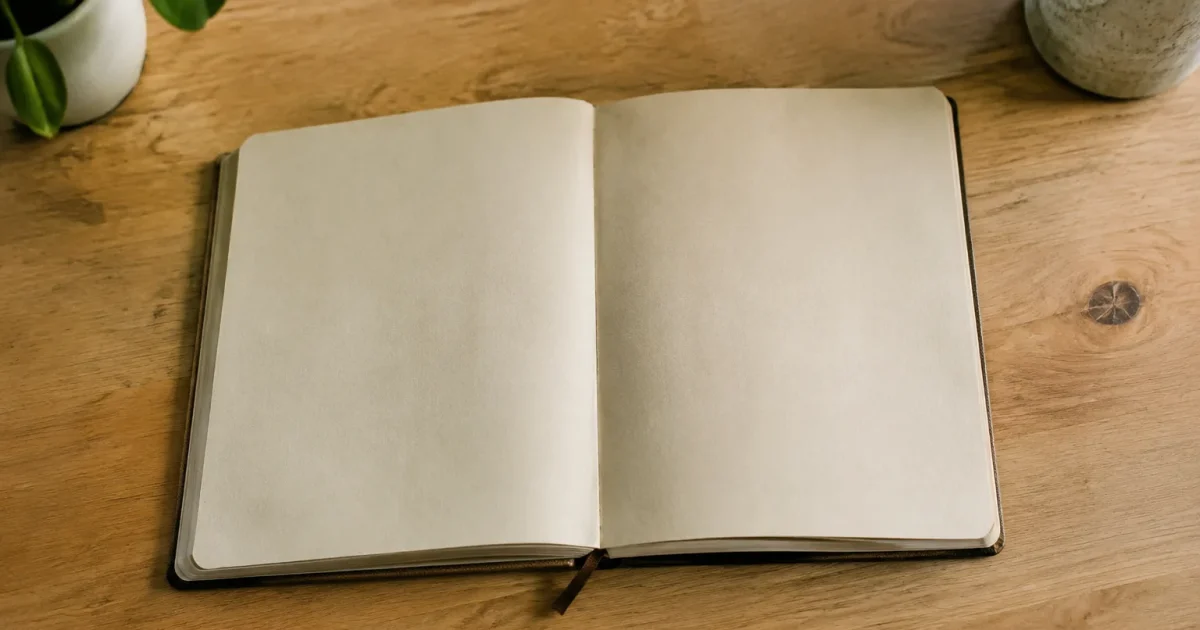 Carnet ouvert pose sur plan de travail bois clair