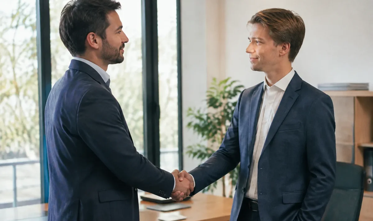 Deux hommes debout serrant la main devant un bureau