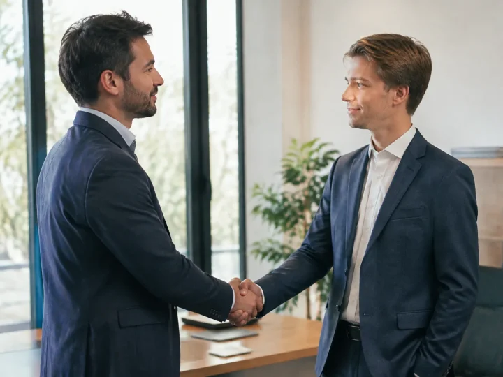 Deux hommes debout serrant la main devant un bureau