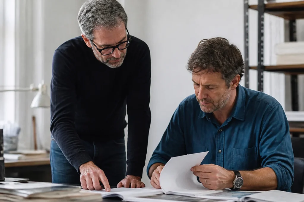 Deux hommes examinent des dossiers papier sur un bureau