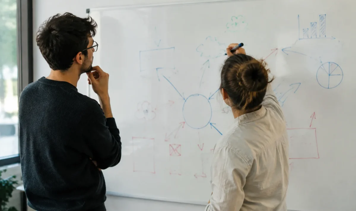 Deux personnes debout devant un tableau blanc annoté