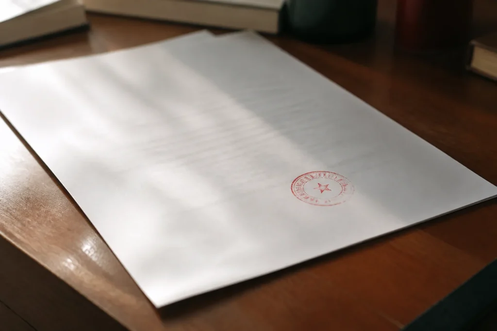 Document officiel imprimé avec tampon rouge sur bureau