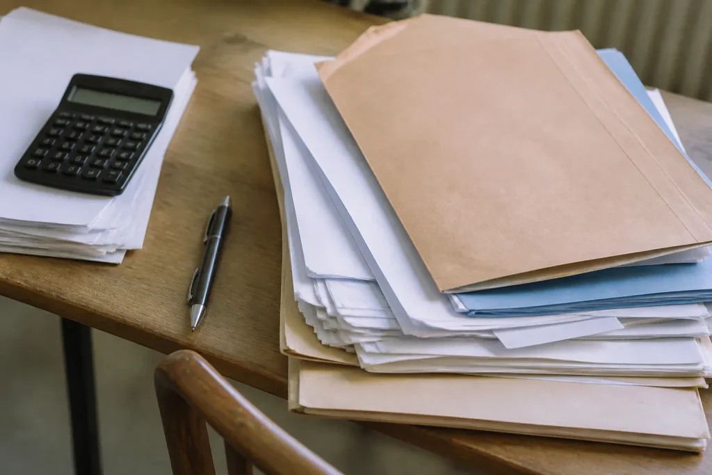 Dossier administratif sur un bureau avec stylo et calculatrice