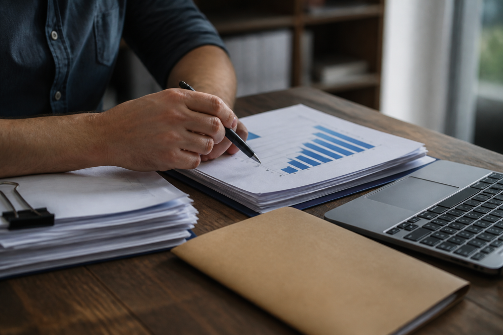 Dossiers, formulaires, stylo noir et graphique progression commerciale