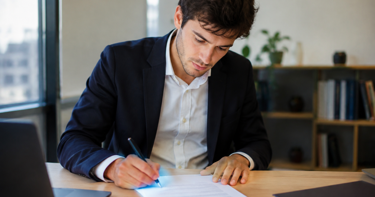 Entrepreneur signant des statuts sur un bureau