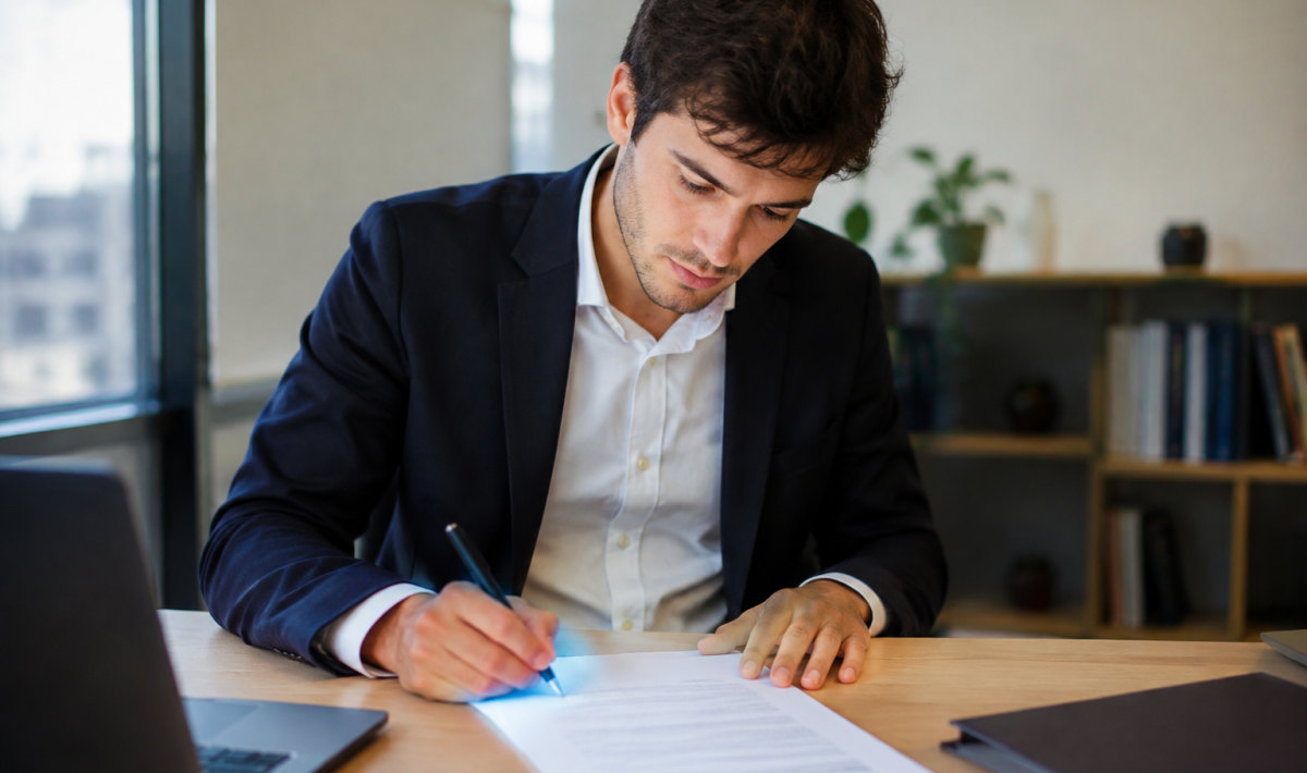 Entrepreneur signant des statuts sur un bureau