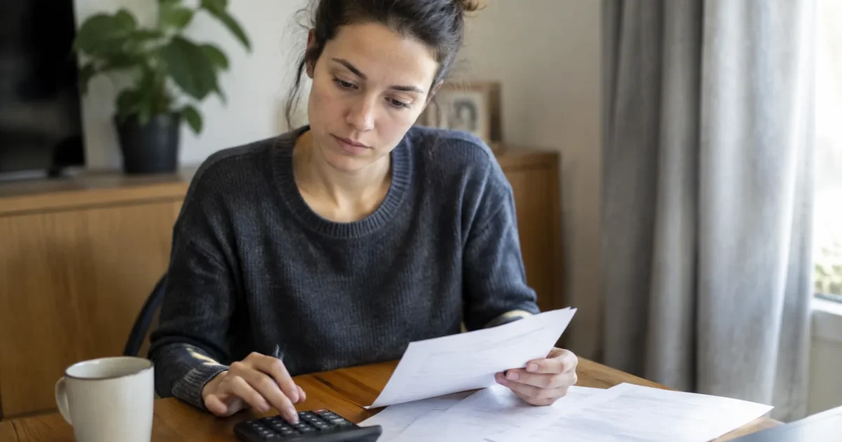 Femme assise calculant avec calculatrice devant factures