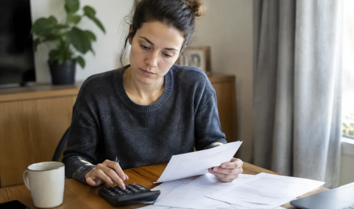 Femme assise calculant avec calculatrice devant factures