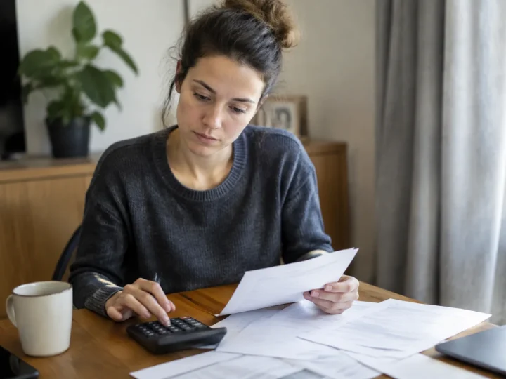 Femme assise calculant avec calculatrice devant factures