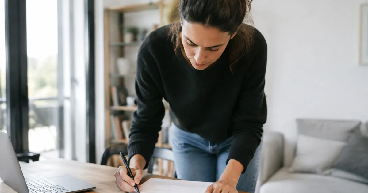 Femme debout signant un formulaire fiscal sur bureau
