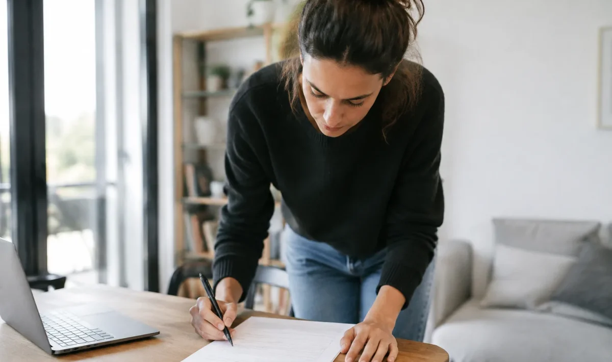 Femme debout signant un formulaire fiscal sur bureau
