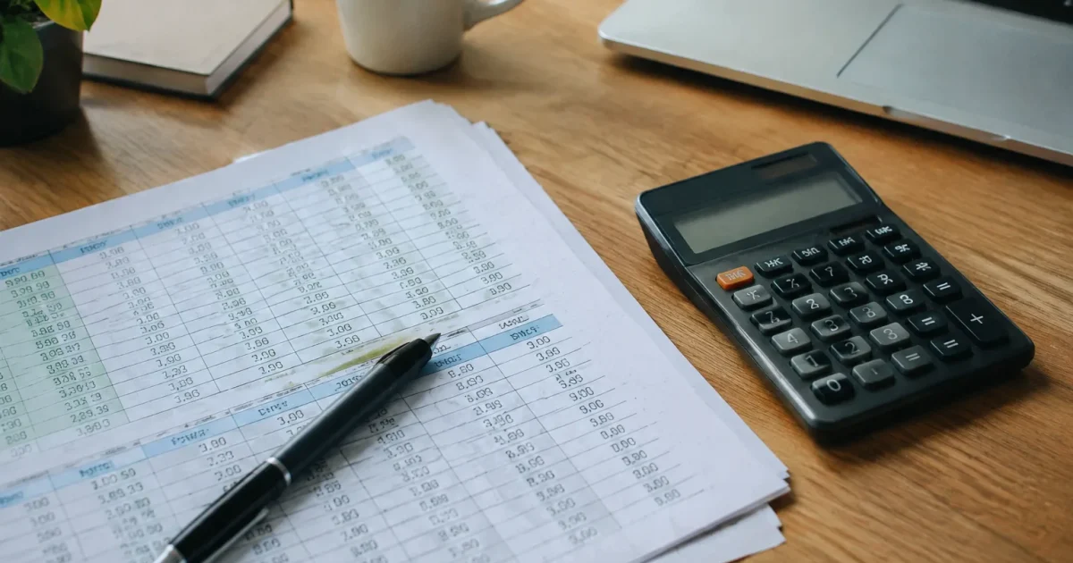 Feuilles de tableur et calculatrice posées sur un bureau