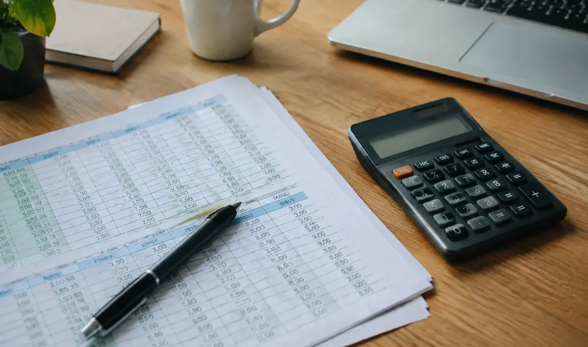 Feuilles de tableur et calculatrice posées sur un bureau