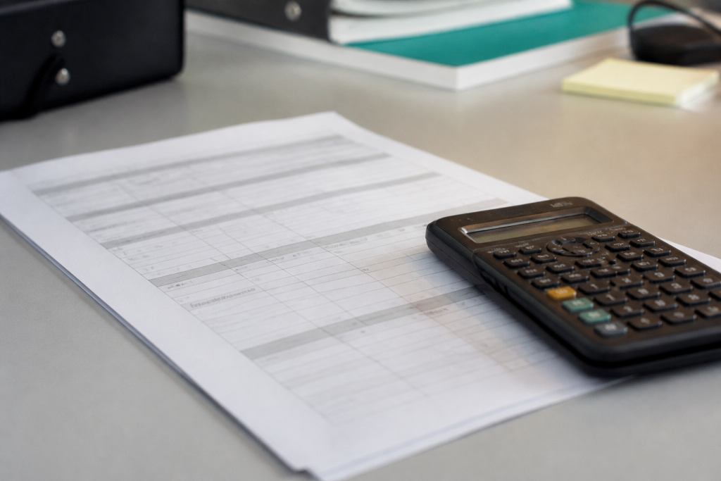Formulaire papier et calculatrice poses sur un bureau