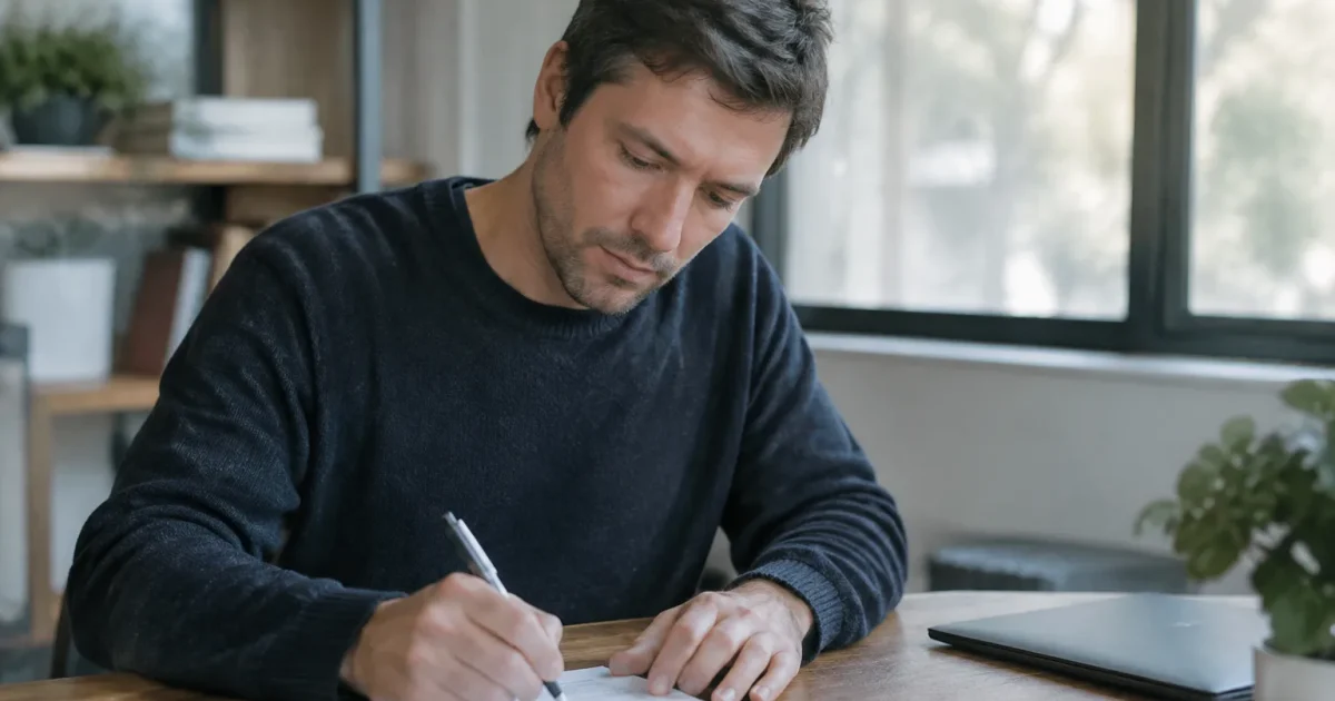 Homme assis signant un formulaire sur un bureau