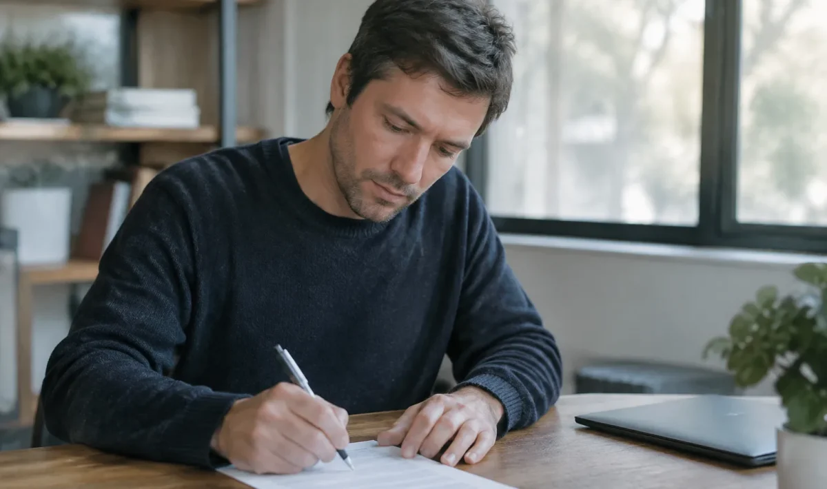 Homme assis signant un formulaire sur un bureau