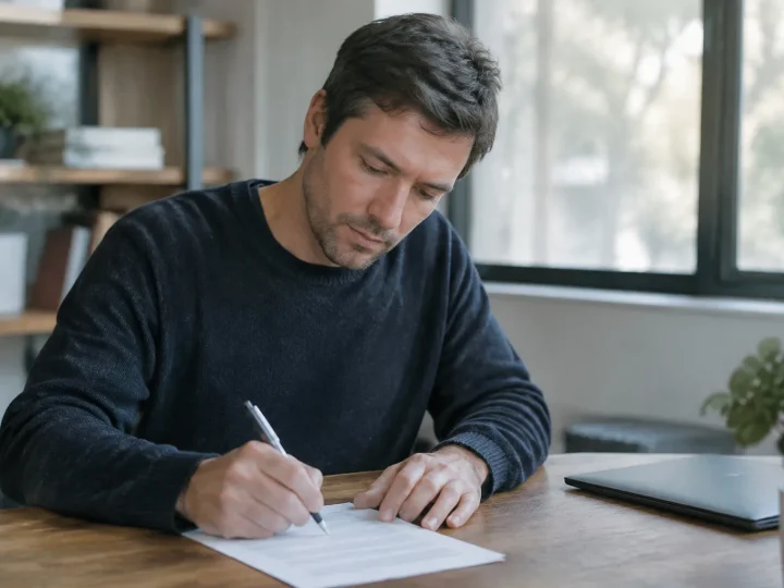 Homme assis signant un formulaire sur un bureau