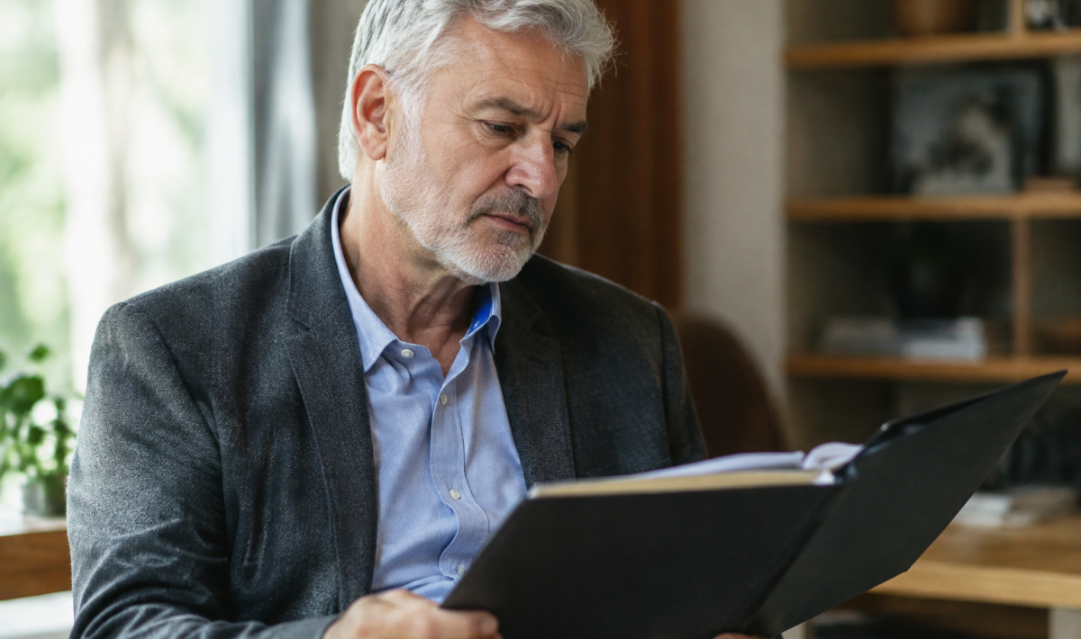 Homme aux cheveux gris tenant un dossier ouvert