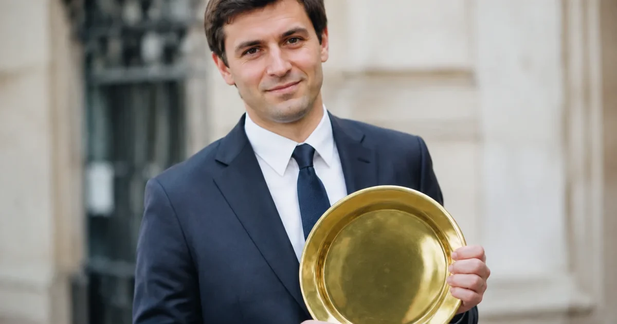 Un homme en costume tient une plaque doree
