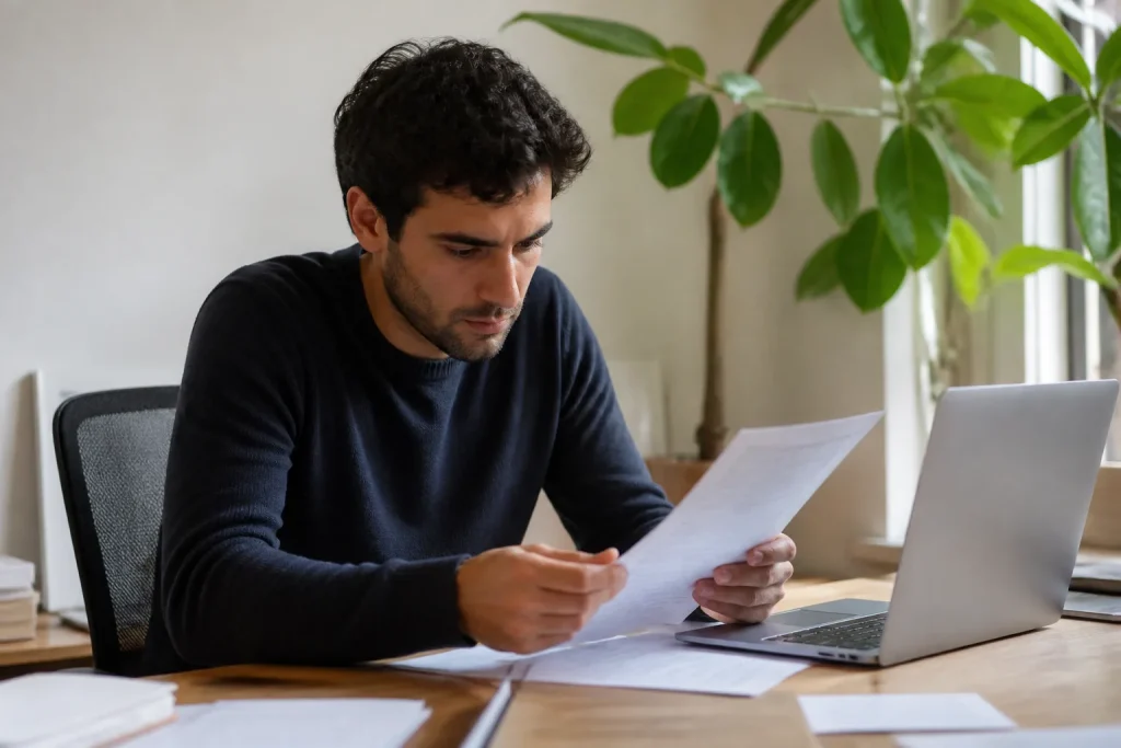 Jeune entrepreneur analysant des factures sur un bureau lumineux
