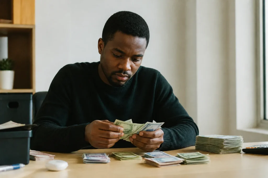 Jeune entrepreneur range des billets sur un bureau