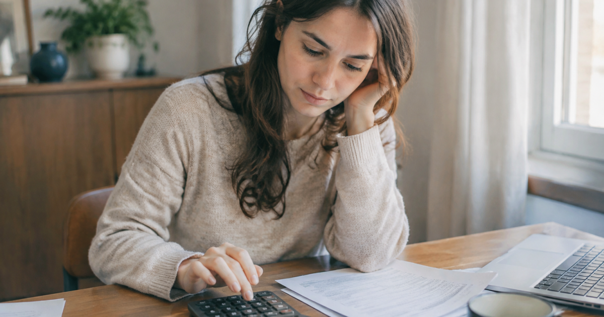 Jeune femme assise, calculatrice et factures sur bureau