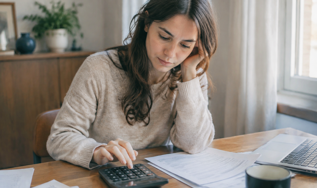 Jeune femme assise, calculatrice et factures sur bureau