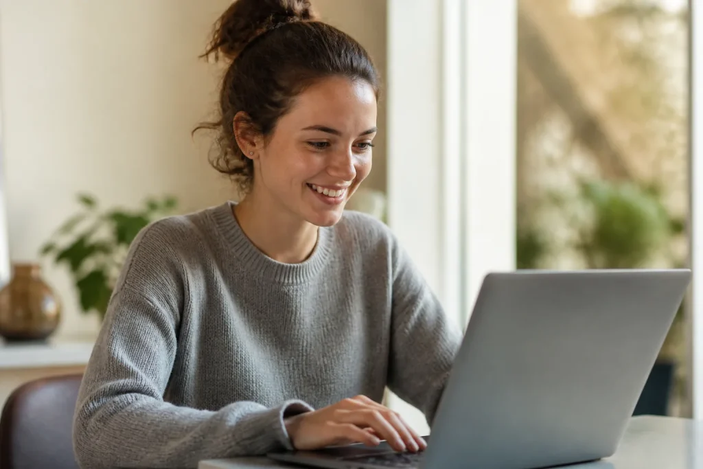 Jeune femme souriante tapant sur un ordinateur portable