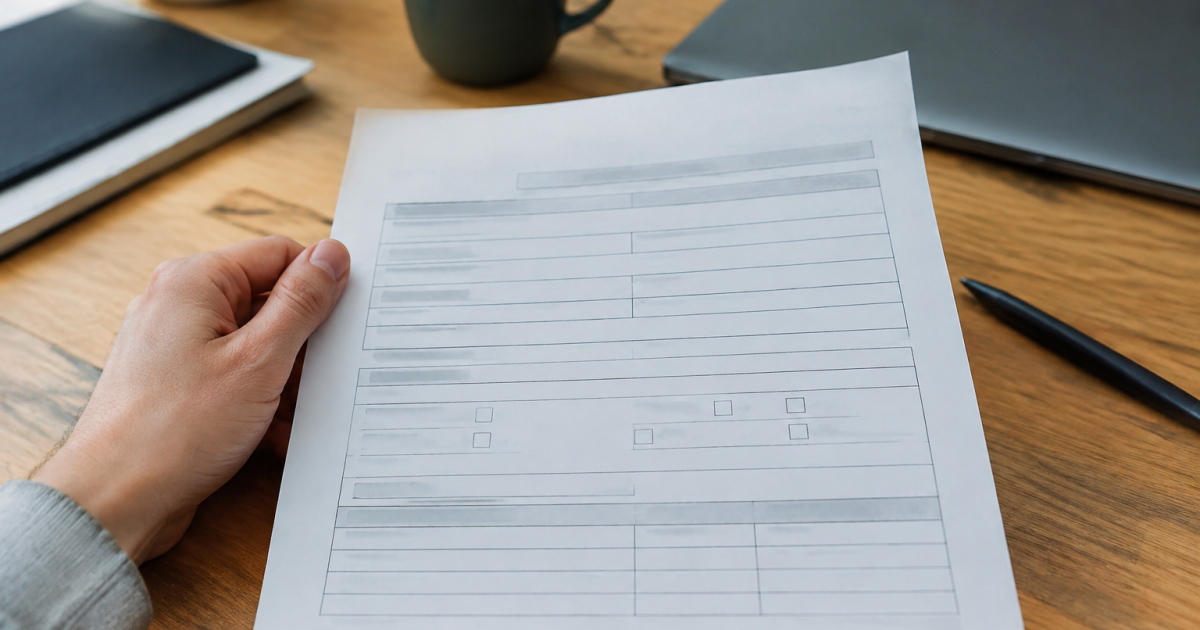 Une main tient un formulaire papier sur un bureau
