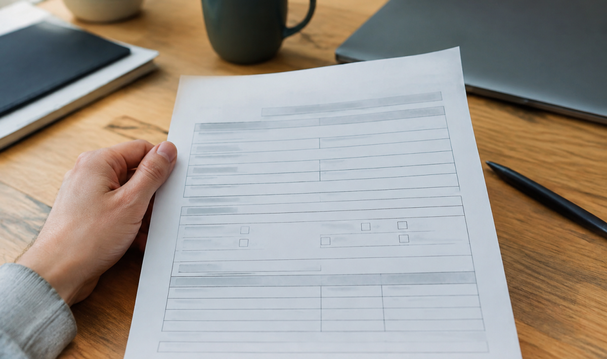 Une main tient un formulaire papier sur un bureau
