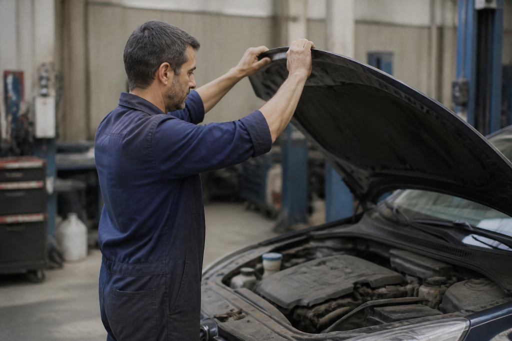 Mecanicien en blouse ouvrant un capot de voiture