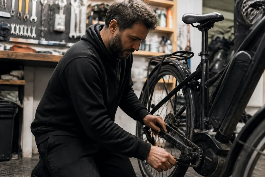 Mecanicien repare un velo electrique dans un petit atelier