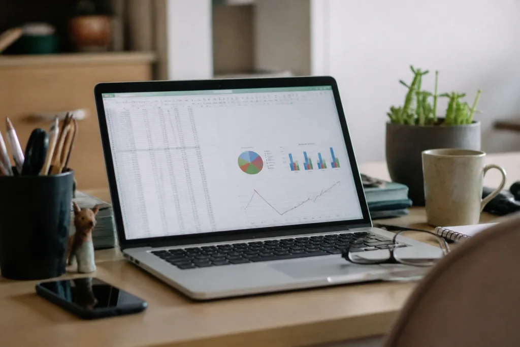 Ordinateur portable affichant un tableur financier avec graphiques