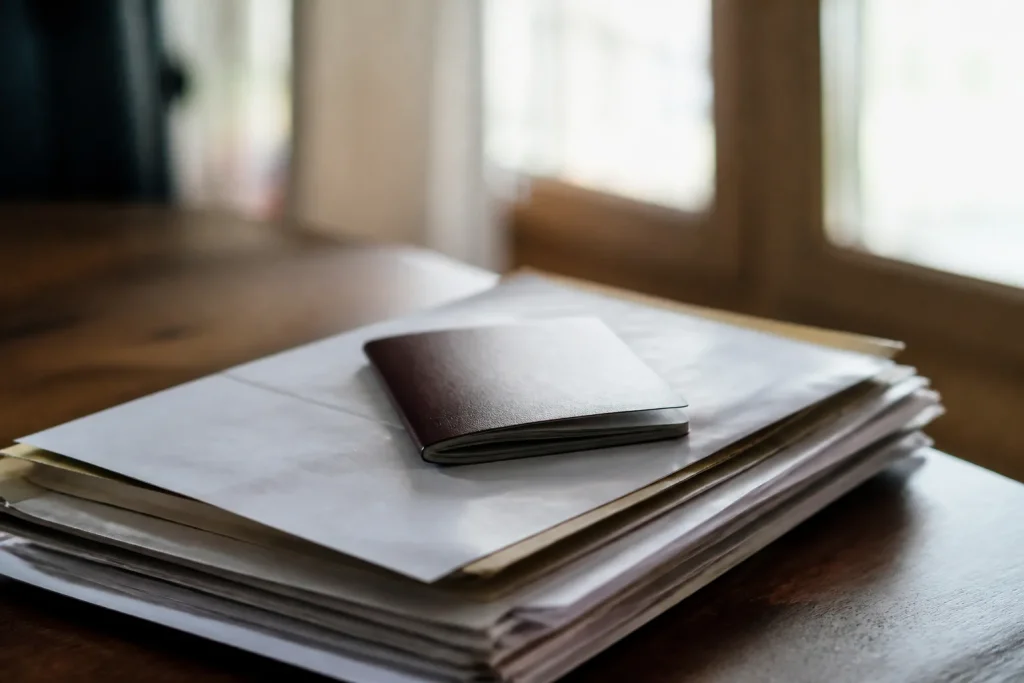 Passeport et dossier de documents sur une table