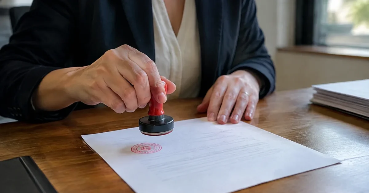 Personne posant feuille officielle avec tampon rouge sur bureau