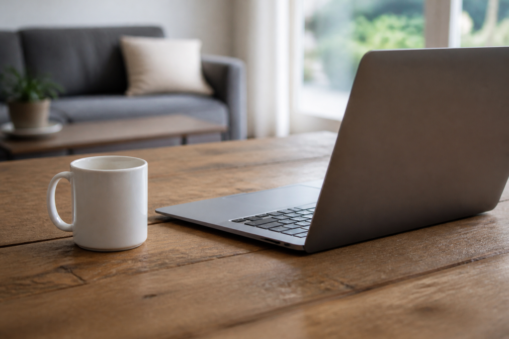 Portable ouvert sur bureau en bois avec tasse blanche