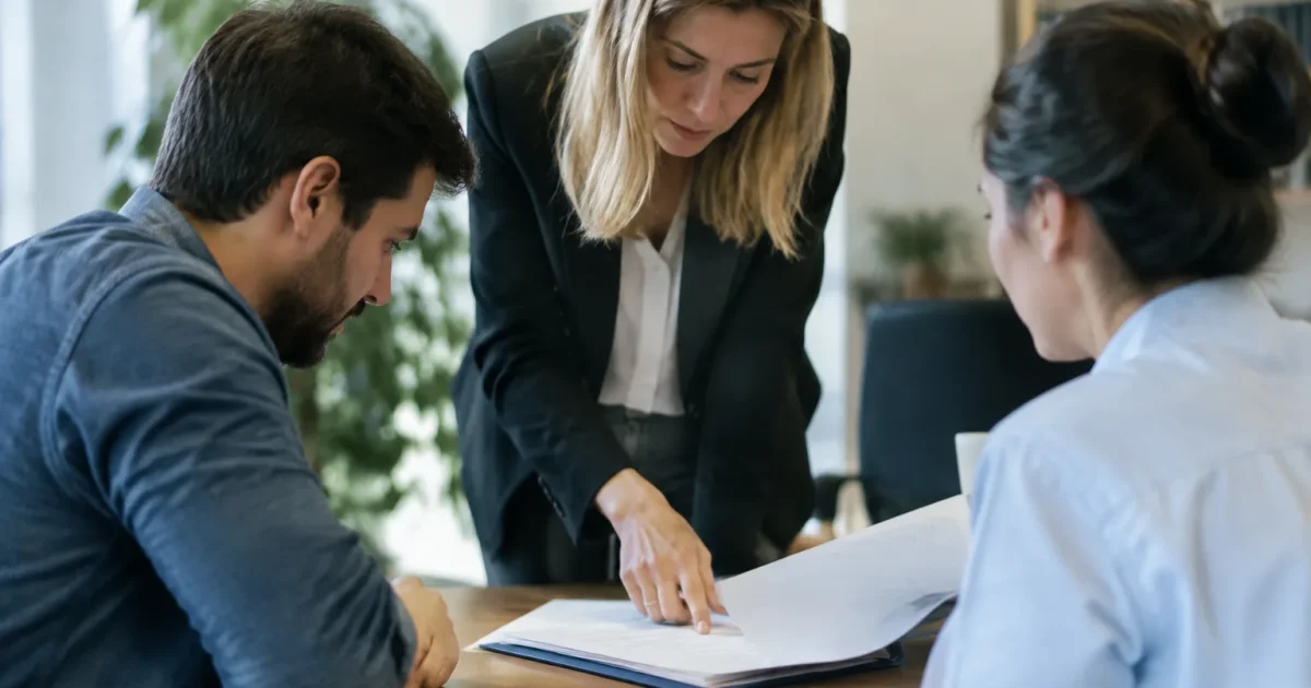 Responsable RH montrant un dossier a deux employes assis