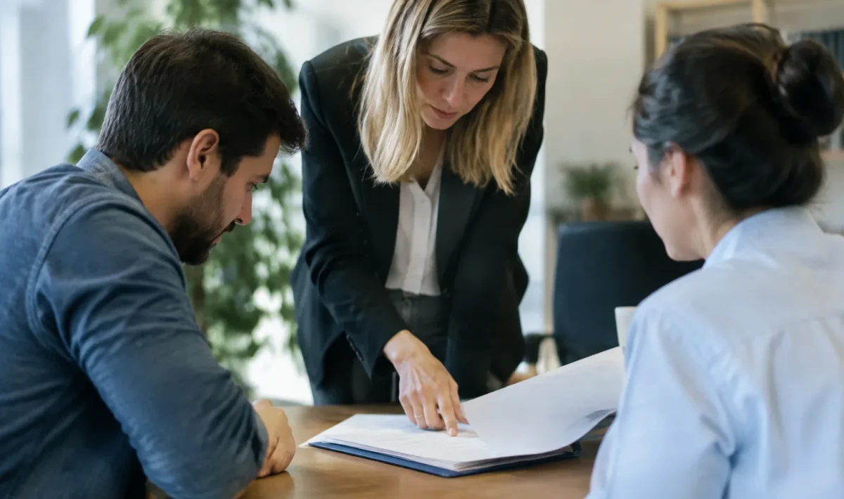 Responsable RH montrant un dossier a deux employes assis