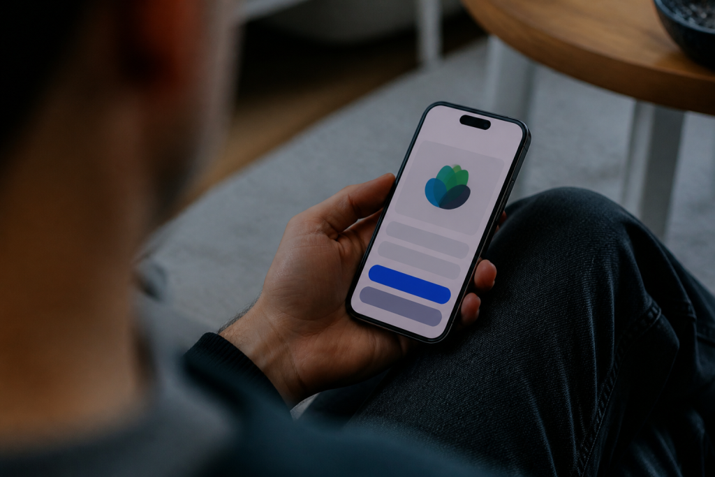 Smartphone affichant un message avec logo et boutons
