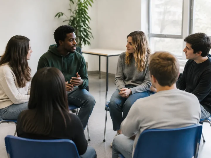 Stagiaires assis en cercle sur des chaises bleues